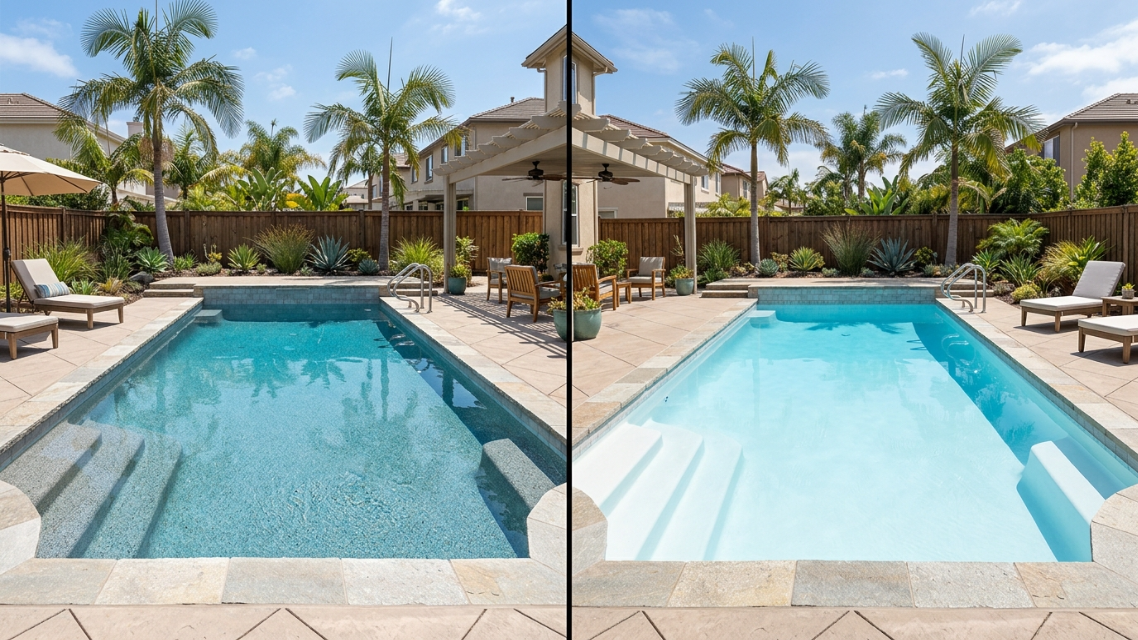 PebbleTec vs Pool Plaster: Side-by-side comparison shot of a PebbleTec pebble-finish pool and a smooth white plaster pool, both in a San Diego backyard setting