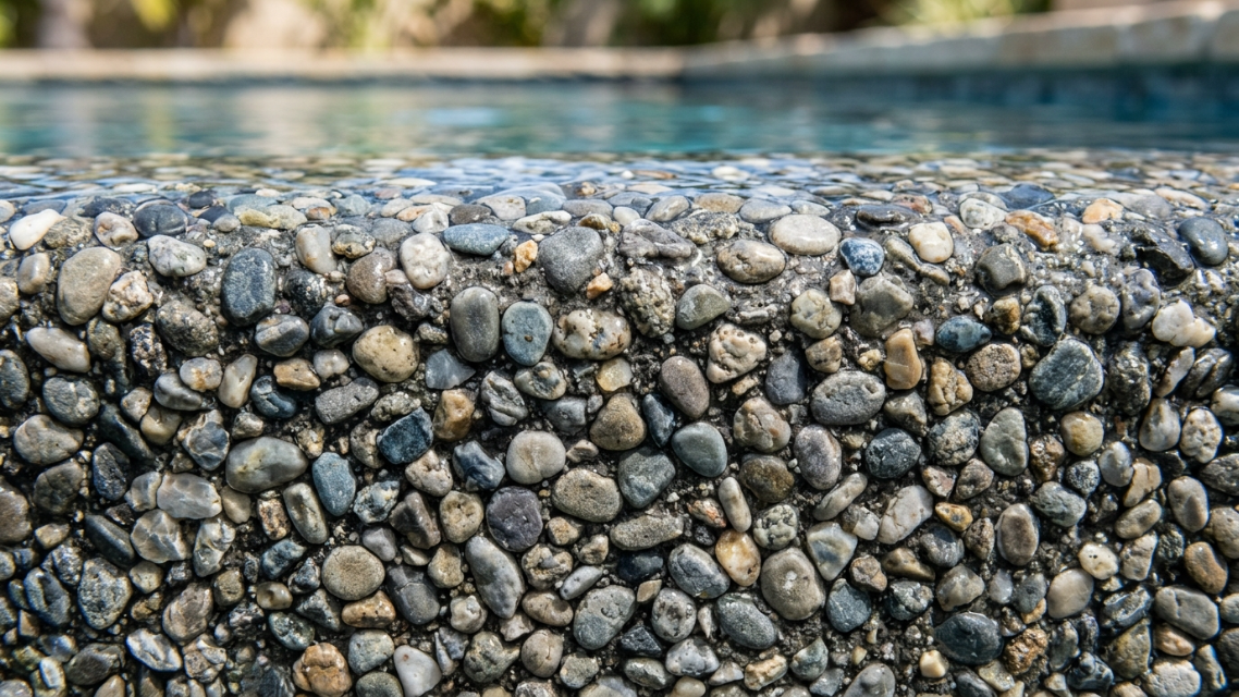 Close-up macro shot of PebbleTec aggregate texture showing individual pebbles and color variation