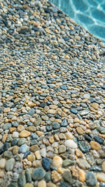 Close-up texture shot of a newly applied PebbleTec pool finish glistening under San Diego sunlight