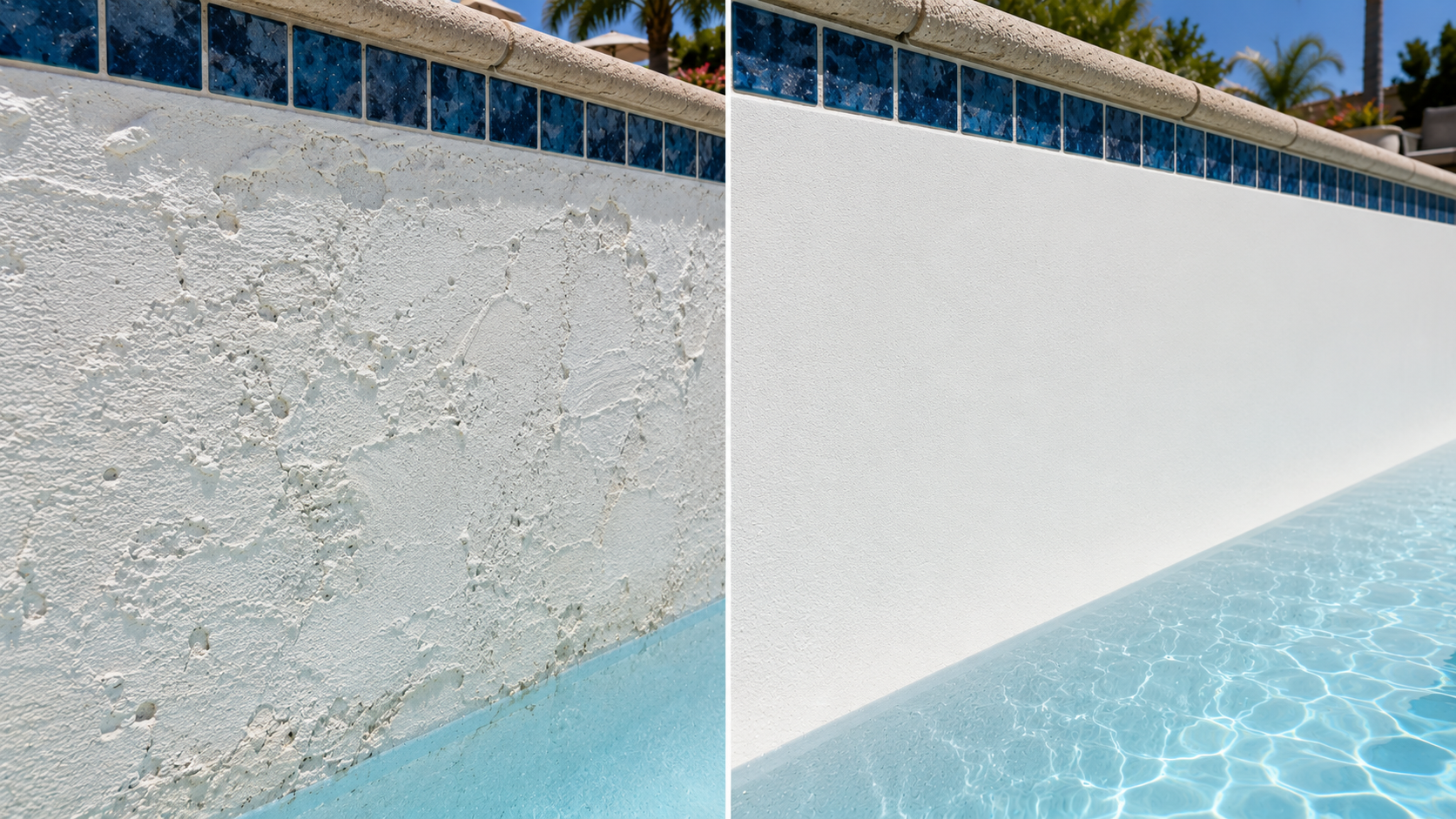 Licensed Pool Contractors vs Handymen: Close-up comparison photo showing failed, pitted handyman-applied pool plaster next to a smooth, professionally finished pool surface