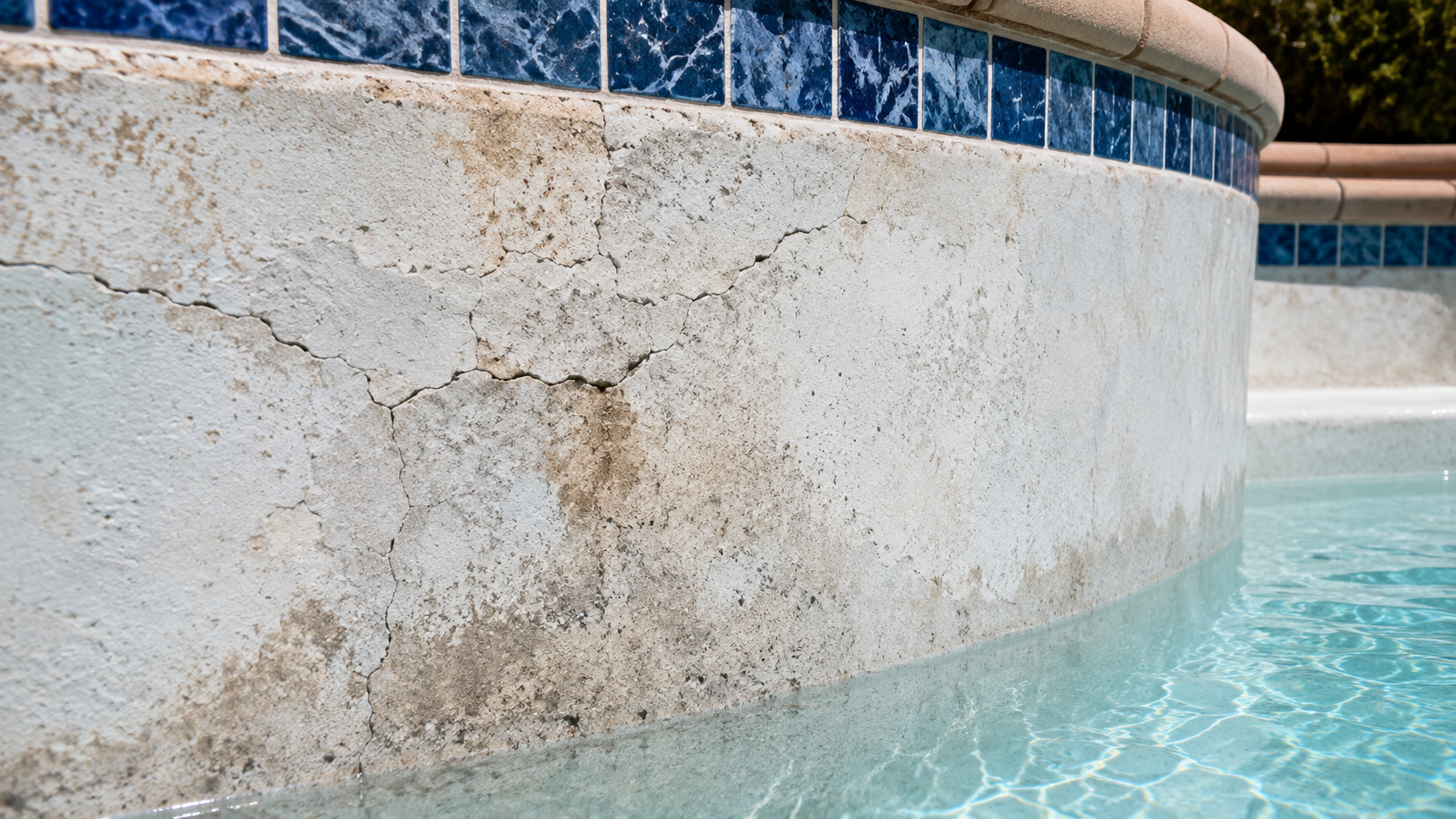 Pool Surface Repair San Diego: Close-up of a cracked and stained pool plaster surface before repair, San Diego backyard pool