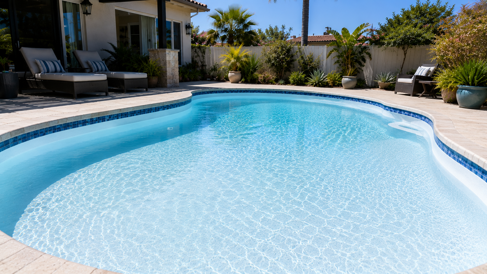 Pool Surface Maintenance Guide: Wide shot of a freshly maintained plaster pool surface in a San Diego backyard, clear blue water, sunny day