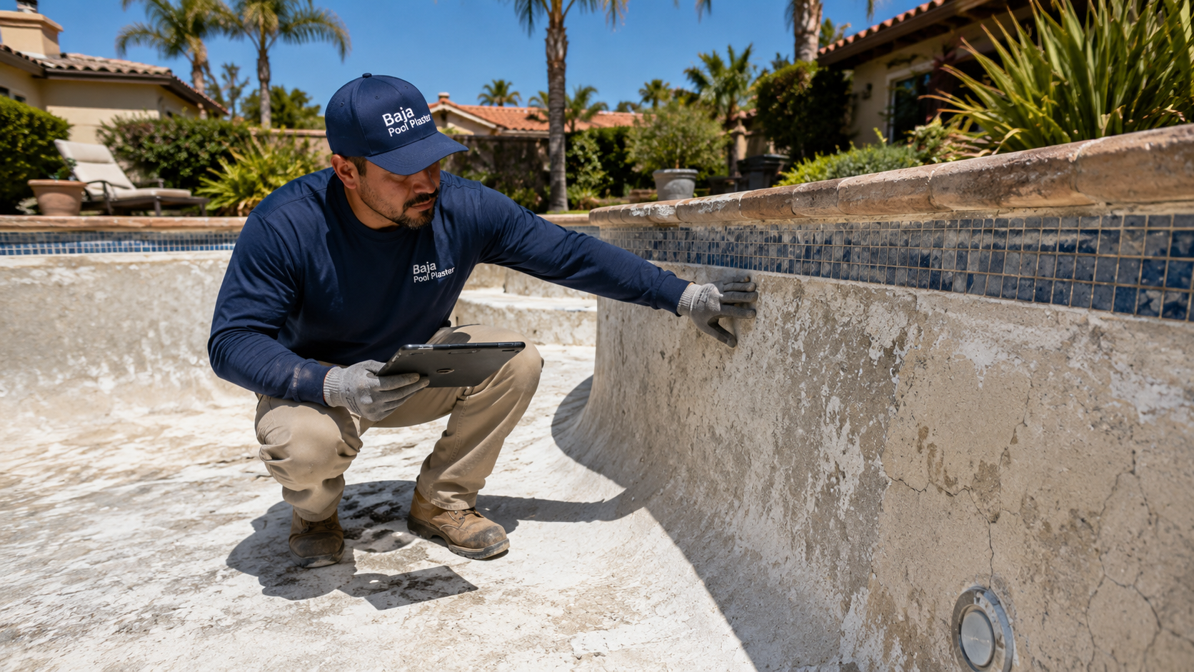 A licensed Baja Pool Plaster contractor in branded workwear inspecting a San Diego backyard pool shell before a resurfacing project