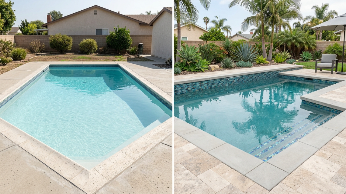 Pool Replastering vs Full Pool Remodel: Side-by-side comparison photo showing a freshly replastered pool surface next to a fully remodeled pool with new tile and decking, San Diego backyard setting