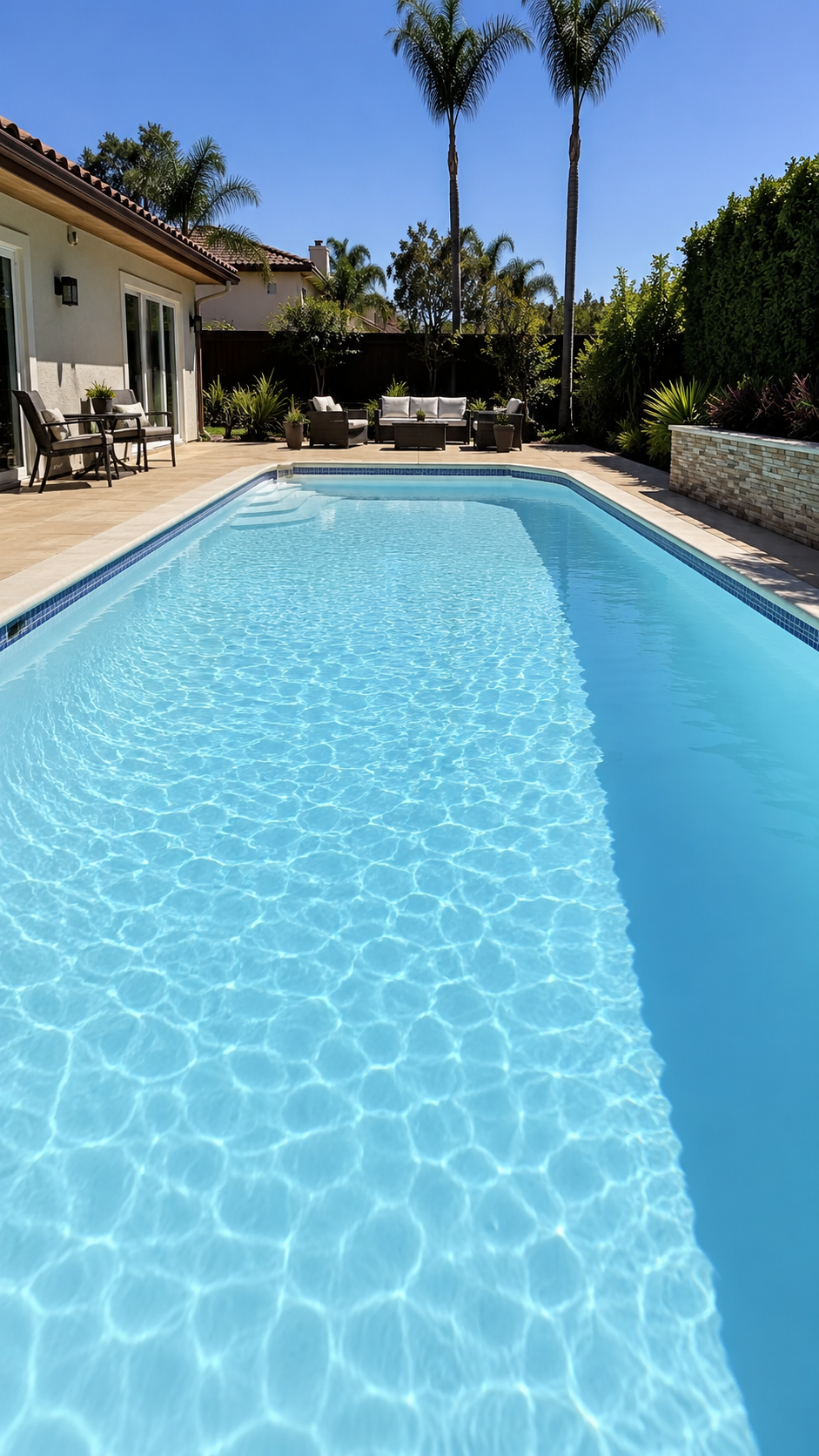 Pool Replastering San Diego: image showing a freshly replastered swimming pool with smooth white finish and clear blue water in a San Diego backyard