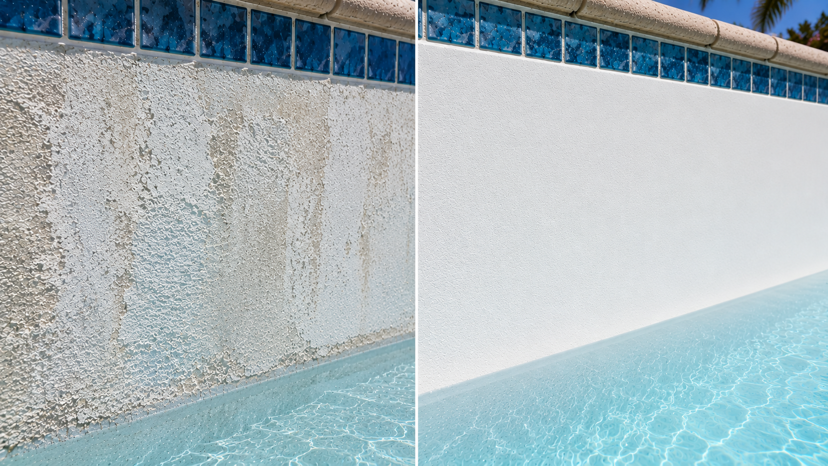 Close-up comparison image showing etched or stained plaster texture versus smooth, well-maintained plaster