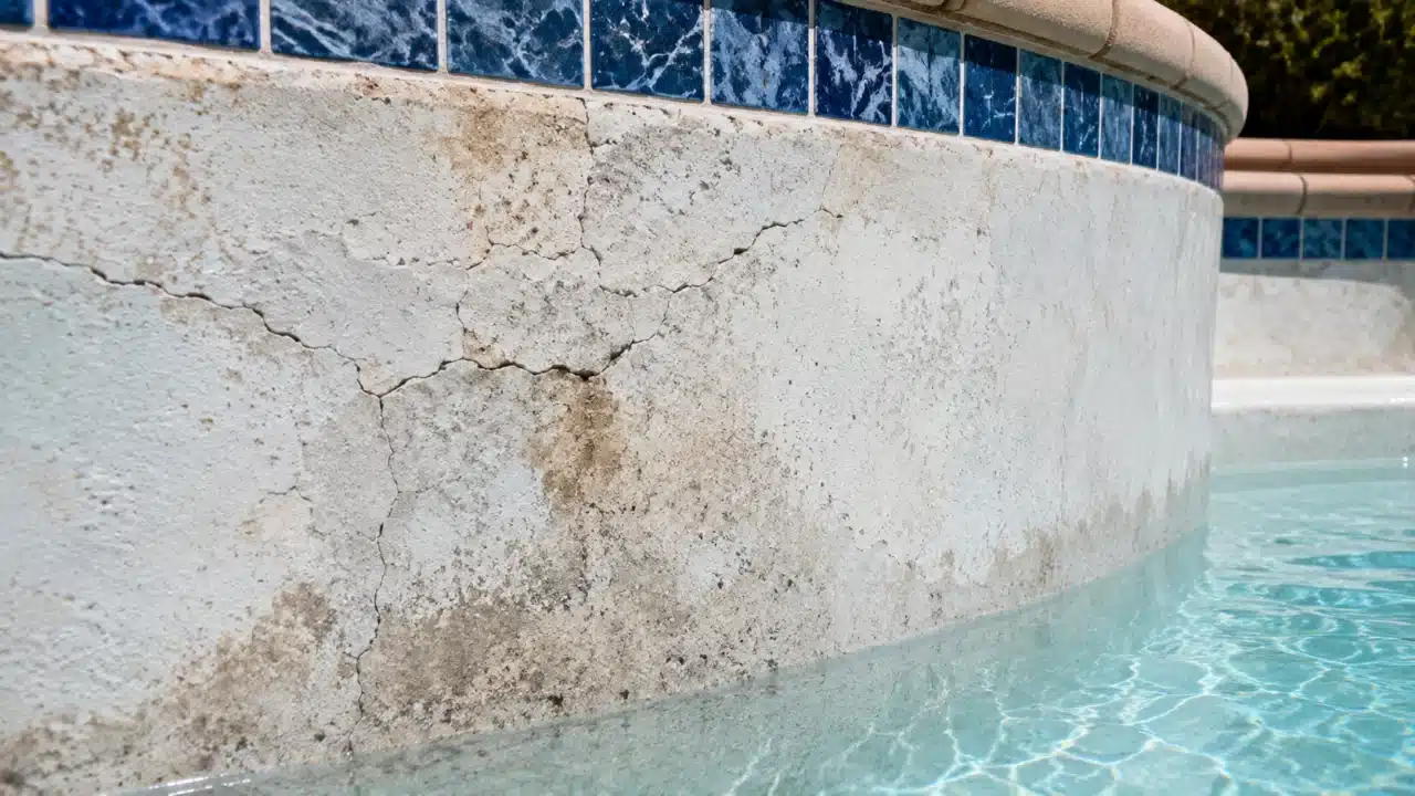 Pool Surface Repair San Diego: Close-up of a cracked and stained pool plaster surface before repair, San Diego backyard pool