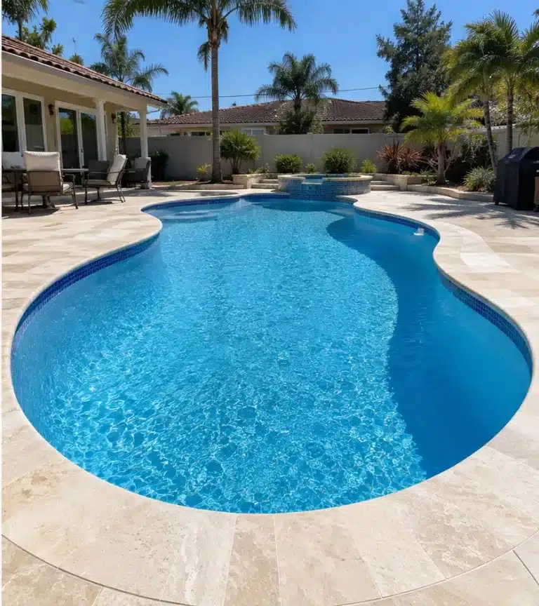 The same pool after replastering, with a clean new finish and clear blue water