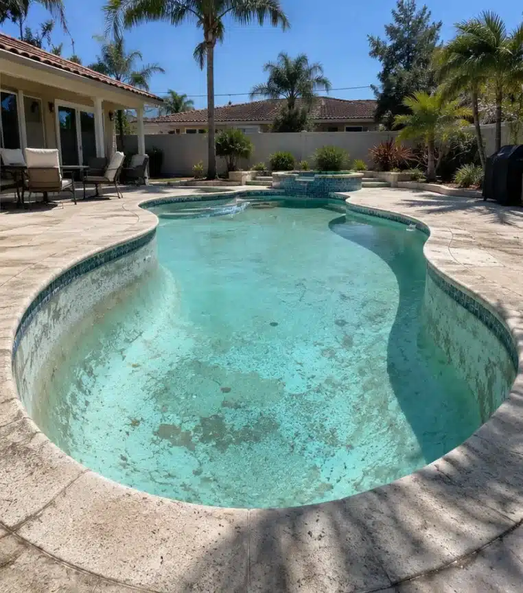 Pool interior before replastering, with a stained and worn surface