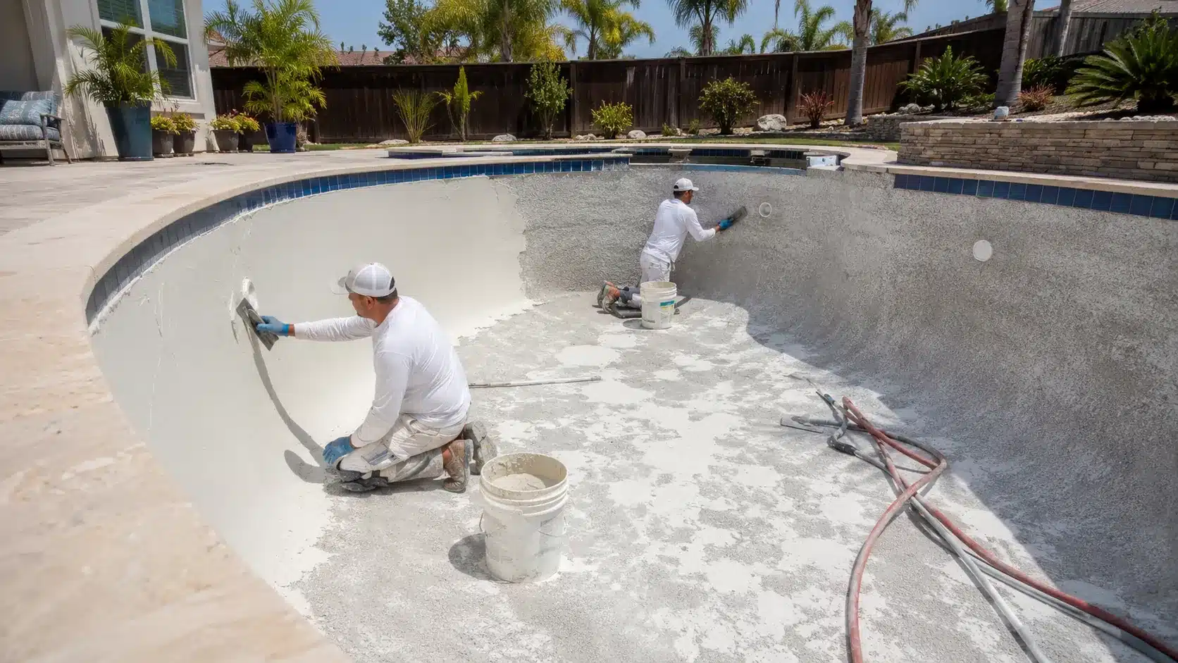 Crew preparing the interior of a drained pool during a renovation
