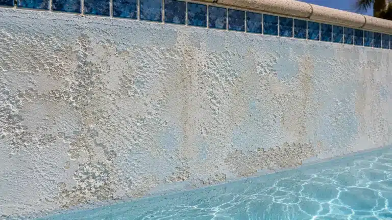 Close-up of rough, worn pool plaster showing discoloration and texture wear
